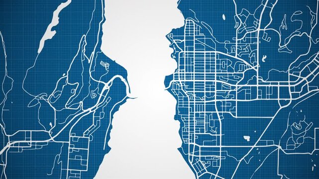 Ink reveal animation of Kelowna city, British Columbia (BC), Canada grid map. Aerial top view. Blueprint style. White lines with blue background. 4K Seamless loop.