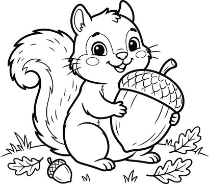Cute cartoon squirrel holding a large acorn isolated on transparent background