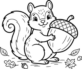 Cute cartoon squirrel holding large acorn illustration isolated on transparent background © Mansura