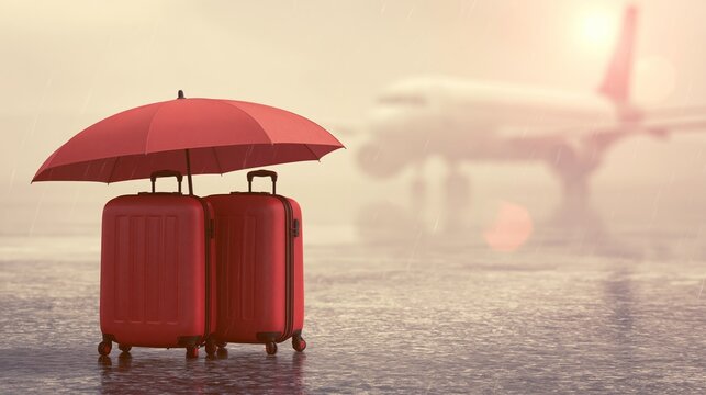 Red travel suitcases under an umbrella on a rainy airport tarmac, symbolizing luggage protection and travel insurance