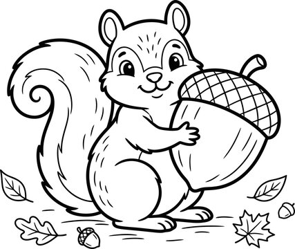 Cute cartoon squirrel holding large acorn illustration isolated on transparent background
