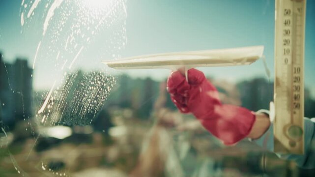 Cleaner Washing Window Glass With Squeegee Tool And Detergent Foam. Housework 
