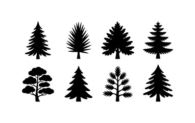 Obraz premium Diverse coniferous tree silhouettes pack for wood industry and conservation theme graphics.