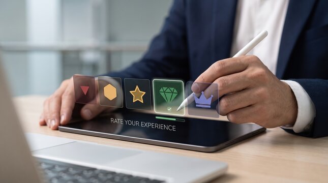 Customer rating experience feedback with star icons on tablet screen, user satisfaction survey and service quality evaluation, business review and client opinion management system.