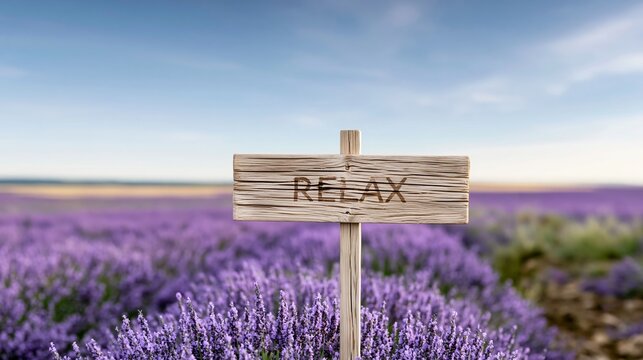 Wooden sign saying relax standing in a blooming lavender field, symbolizing peace, tranquility, and wellness