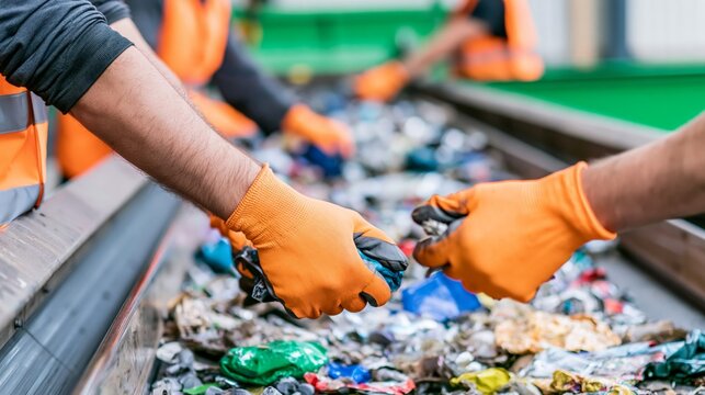 Workers' hands sorting mixed recyclable waste materials on a conveyor belt, industrial recycling process