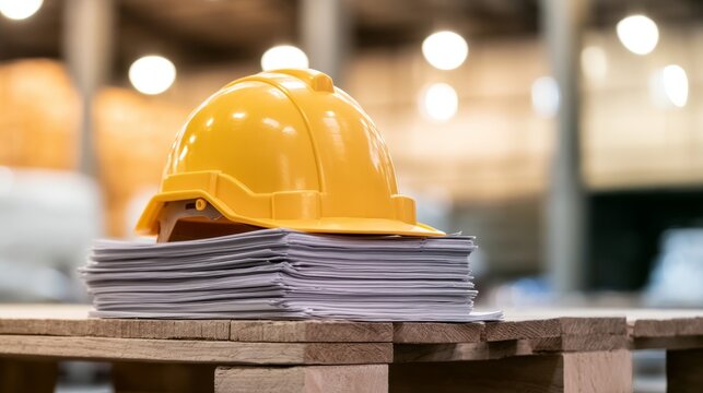 Yellow hard hat resting on construction plans and documents, symbolizing safety and project management in industry