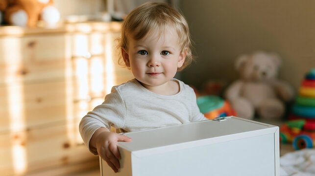 Young child holding white toy box, standing in nursery room with teddy bear and colorful playthings
