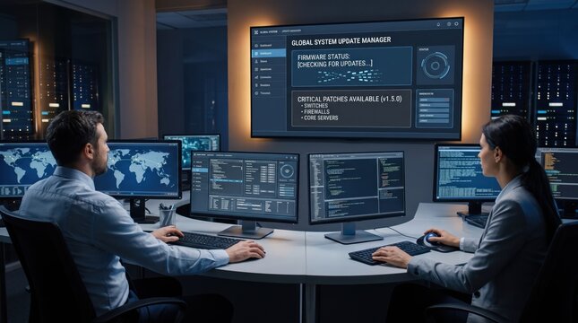 IT specialists monitoring global system updates and critical security patches in server room, ensuring network stability and cybersecurity protection for enterprise infrastructure.