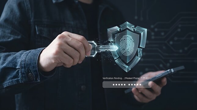 Cybersecurity professional holding digital key accessing biometric fingerprint shield protection with modern smartphone interface screen technology