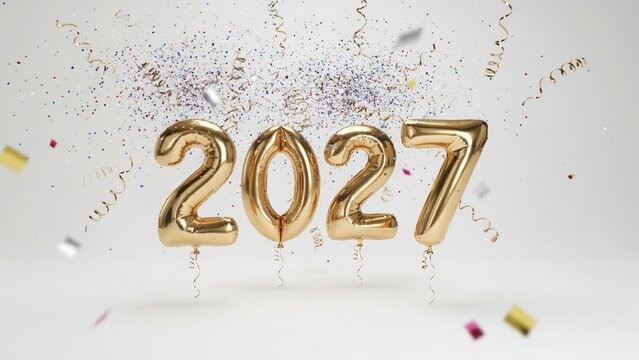 Gold foil balloons forming the number 2027 with silver confetti falling on a white background for new year celebration