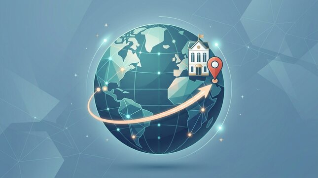 Digital globe with hotel icon and location pin representing global travel and hospitality.