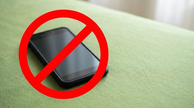 No mobile phone symbol over smartphone on green background with copy space. Digital detox or device free zone concept