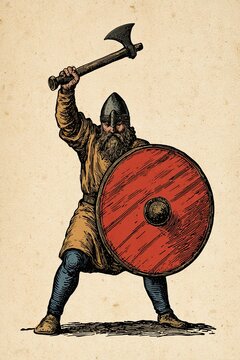 Medieval Viking warrior raising a battle axe while holding a round shield, wearing traditional clothing and a helmet, set against a textured background