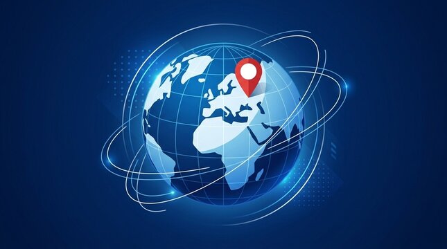 Digital globe with red location pin and orbital data rings on a blue background.