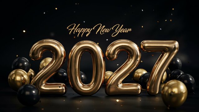 Gold foil balloons forming the year 2027 with black balloons on a dark background for new year celebration