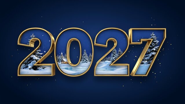 Three dimensional gold numbers 2027 with a winter snowy forest landscape inside on a dark blue background