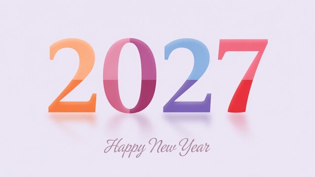 Colorful 2027 new year greeting card design with modern typography and soft reflection on a light background