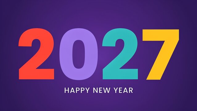 Colorful 2027 happy new year greeting card design with bold numbers on a dark purple background
