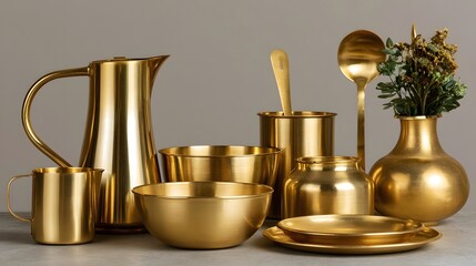 Fototapeta premium A set of golden metallic kitchenware including pitcher bowls plates and utensils arranged neatly on a gray surface
