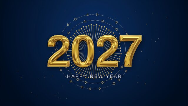 Gold metallic 2027 numbers on a dark blue background with abstract circular light patterns for new year celebration