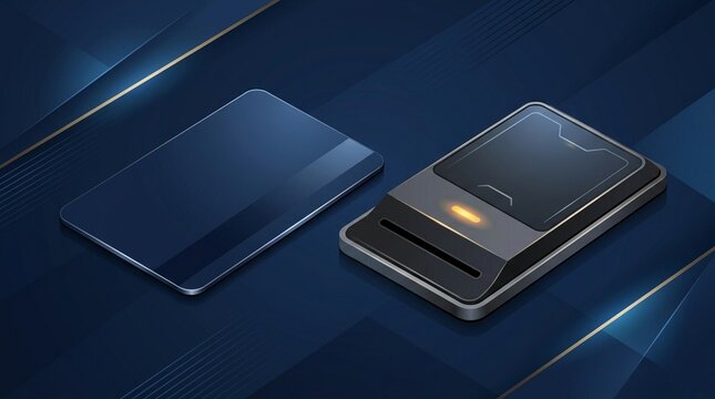Hotel key card and electronic door lock reader on a modern blue background