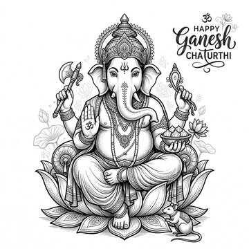 Happy ganesh chaturthi line art with ganesh and om symbol.