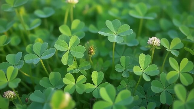 Close up of green clover leaves and clover flowers with shallow depth of field moving gently in the wind
