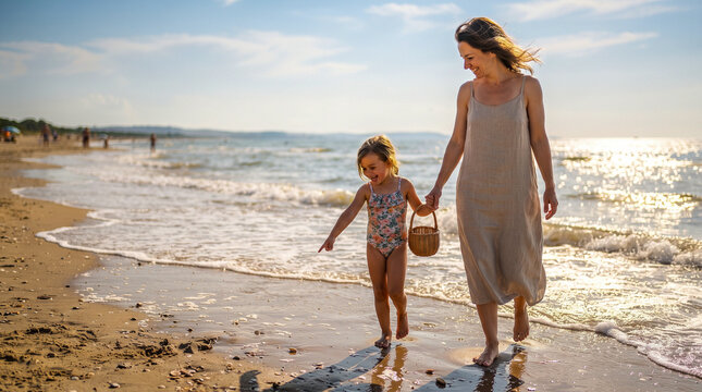 Madre e hija explorando la orilla de una playa y buscando conchas, representando naturaleza, infancia, familia, descubrimiento y vacaciones.