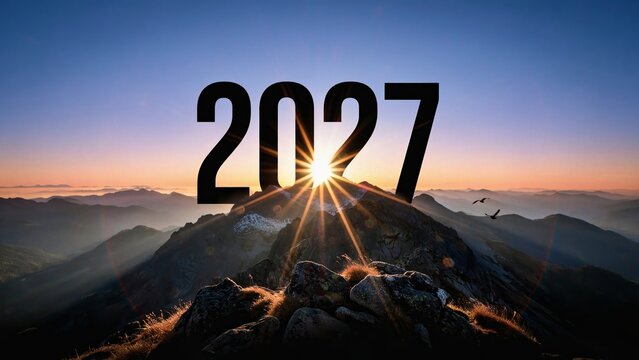 New year 2027 concept with a bright sunrise over a mountain peak representing hope and future success