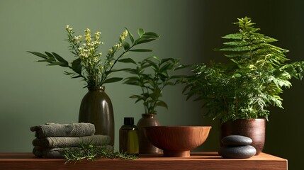 Fototapeta premium A serene spa arrangement featuring green plants wooden bowl folded towels and smooth stones on a warm toned surface