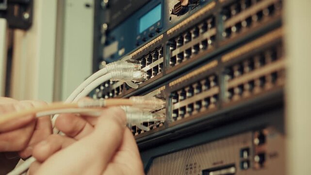 Engineer Connecting Ethernet Patch Cord Cable Into Network Switch Server Rack Room 