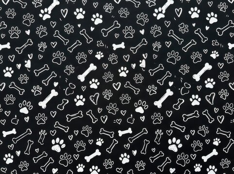 Seamless pattern with dog paw prints, bones and hearts on a black background