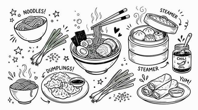 Set of delicious asian food hand drawn doodle vector illustration featuring ramen dumplings and spring rolls