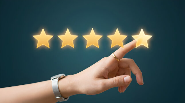 Rating stars being selected by a female finger representing excellent quality service feedback and customer satisfaction