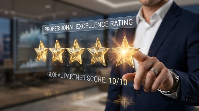 Businessman touching five glowing golden stars representing professional excellence and a perfect ten out ten rating