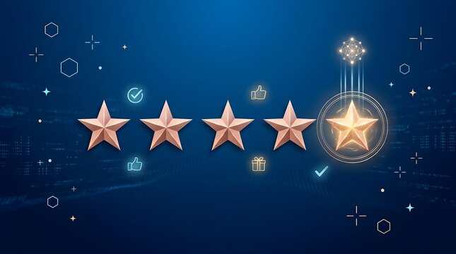 Five stars rating concept with glowing golden symbols on blue background for customer satisfaction digital feedback