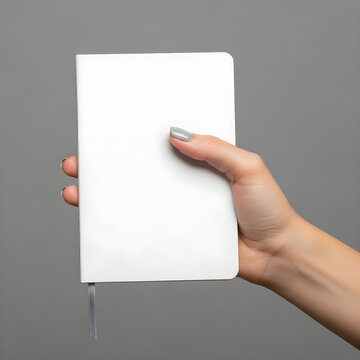 Notebook mockup held in female hand showing blank white cover for professional branding marketing design projects