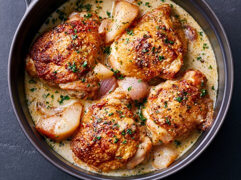 Overhead shot of braised chicken thighs with pear and shallots in a creamy sauce, garnished with fresh parsley in a round black skillet on a dark surface