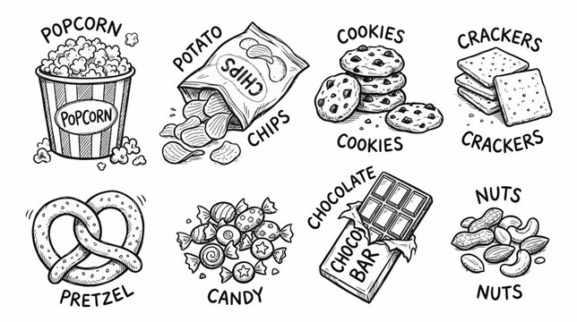 Set of hand drawn snack food items including popcorn and chocolate bar as a doodle vector illustration