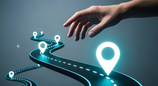 Navigation road path concept featuring glowing digital location pins and a reaching hand on dark background