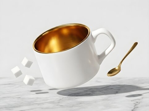 Coffee cup floating with golden spoon and white sugar cubes on a luxury marble surface