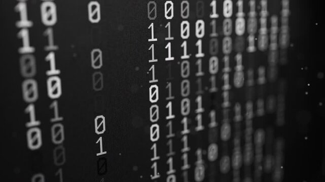 Looped 3D animation of monochrome binary numbers glowing on a black digital surface with blurred depth and subtle particles. Abstract background for technology, networks and programming.