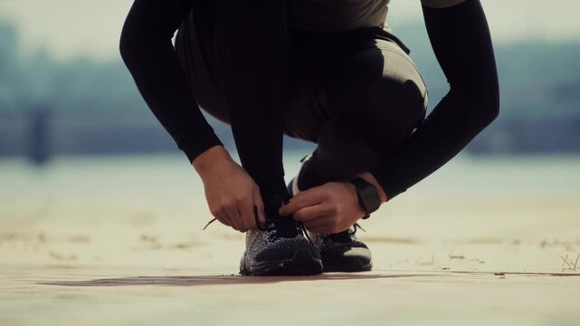 Runner Tying Laces On Running Shoes Preparing For Workout. Fitness Outdoor