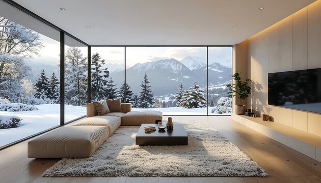 Modern living room with panoramic mountain view.