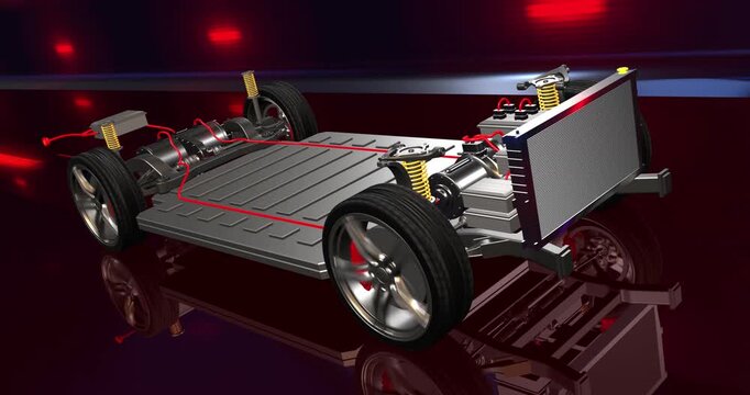 Fast electric vehicle to dashboard start button battery and engine setup. Detailed 3D render of EV engine parts.