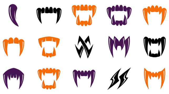 Collection of colorful vampire fangs and teeth designs for halloween or costume parties