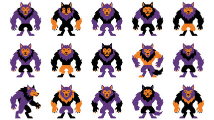 Colorful cartoon werewolf character set with various poses for halloween and spooky designs