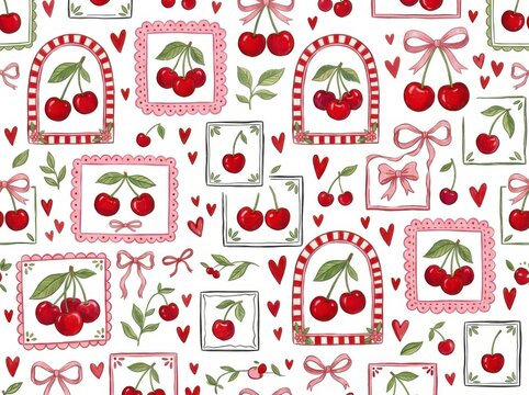 Seamless pattern with cute cherries, hearts, and bows, vintage style