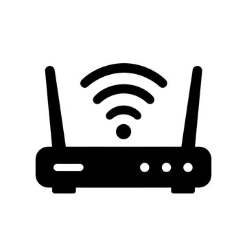 Minimalist black wireless WiFi router icon with antenna and signal waves, isolated on a white background. Represents wireless internet connectivity, networking equipment, broadband access, and modern 